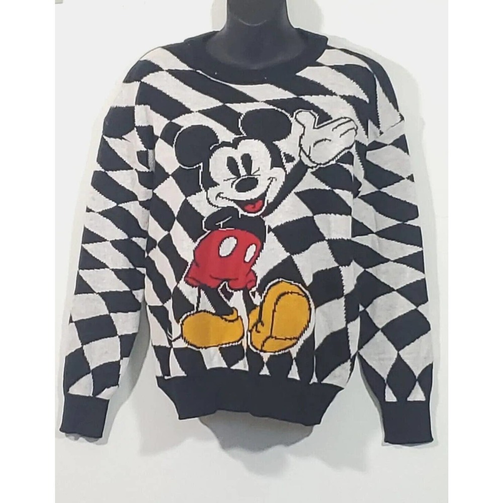 Disney Mickey Mouse Small Black White Checked Long Sleeve Pullover Sweater